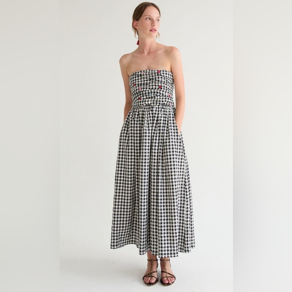 NWT XS Tach Black and White Gingham Dress embroidered flowers check plaid - Picture 1 of 10